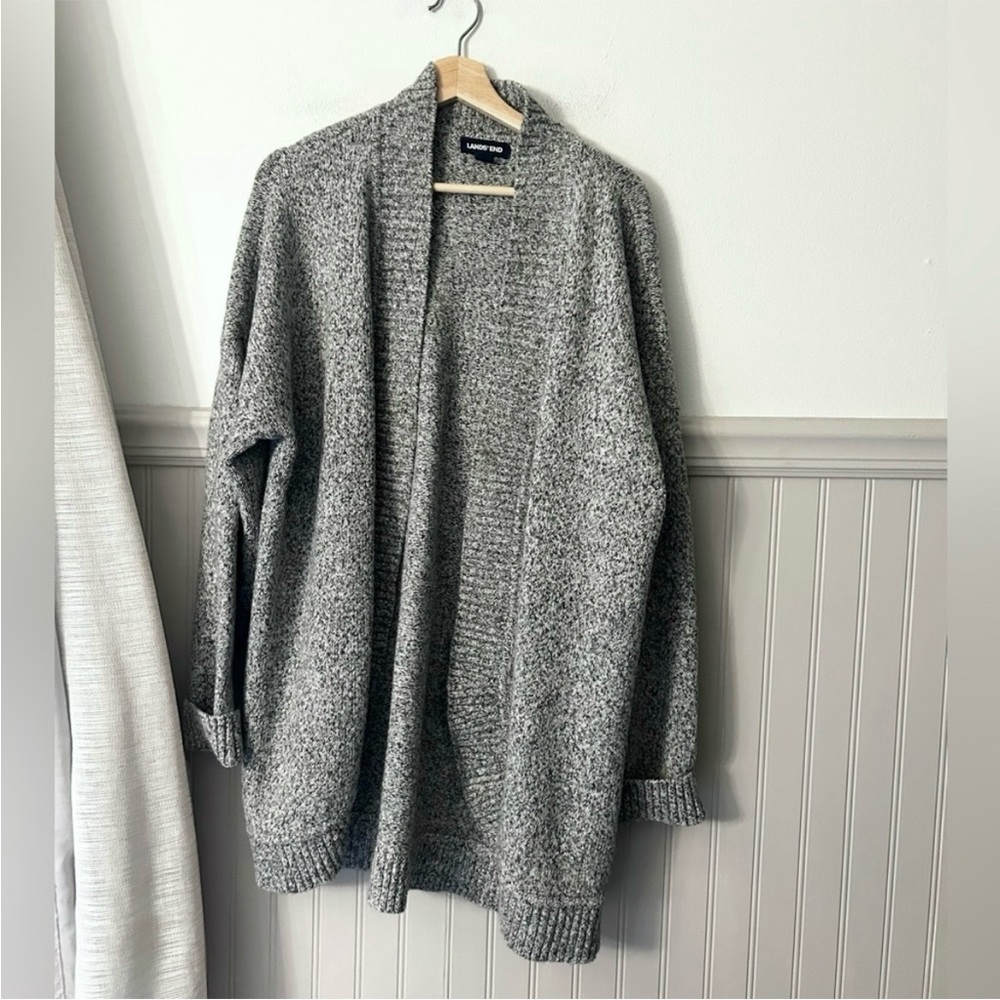 Lands' End XL Marled Gray Women's Open Front Cardigan Chunky Sweater
